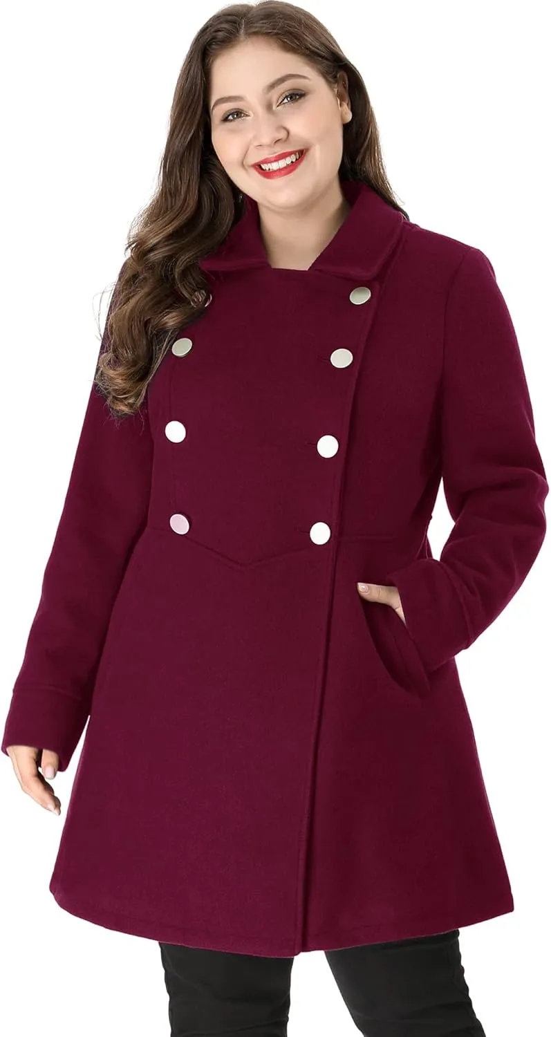 Agnes Orinda Women's Plus Size Coat A-Line Peter Pan Collar Double Breasted Fall Winter Peacoat