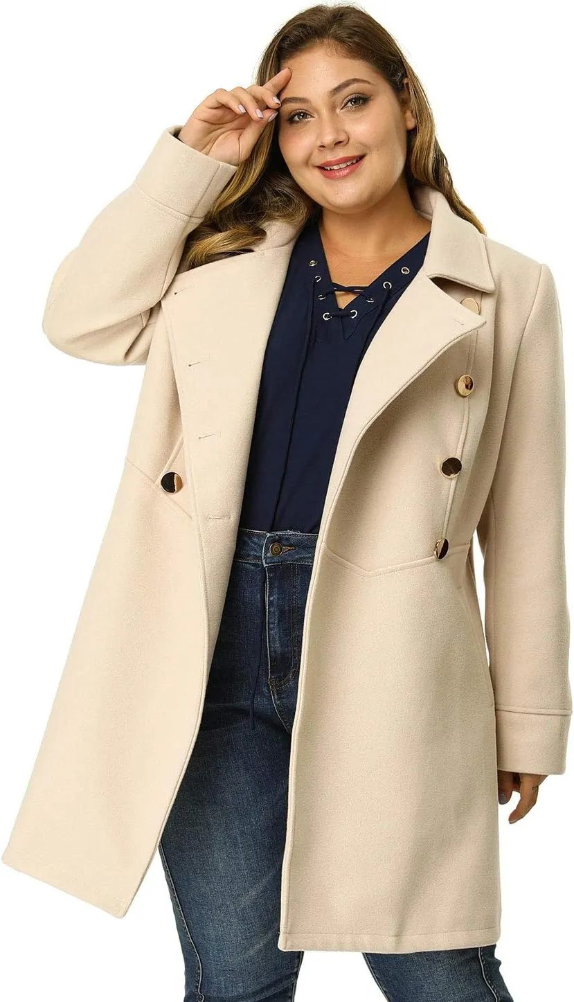 Agnes Orinda Women's Plus Size Coat A-Line Peter Pan Collar Double Breasted Fall Winter Peacoat