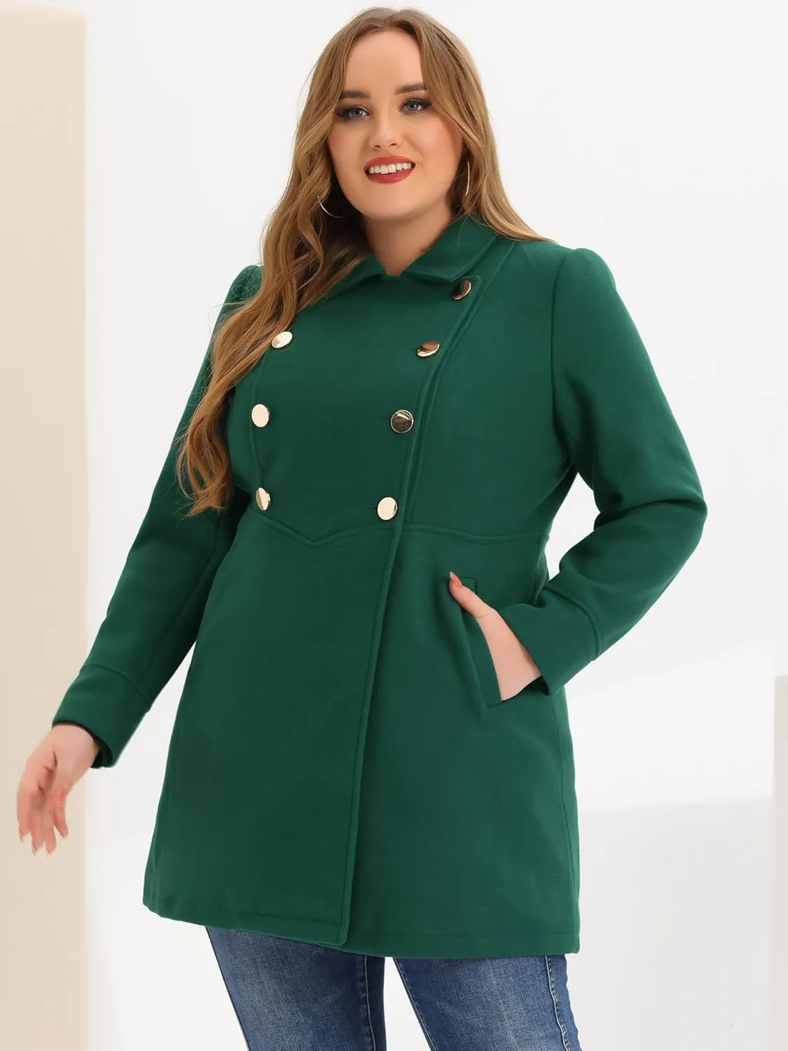 Agnes Orinda Women's Plus Size Coat A-Line Peter Pan Collar Double Breasted Fall Winter Peacoat