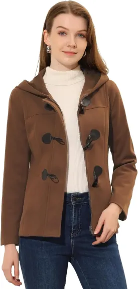 Allegra K Women's Casual Winter Outwear Hooded Button Peacoat Toggle Duffle Coat