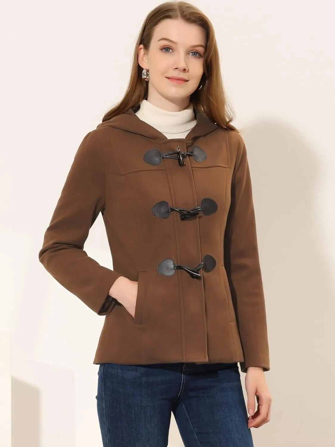 Allegra K Women's Casual Winter Outwear Hooded Button Peacoat Toggle Duffle Coat
