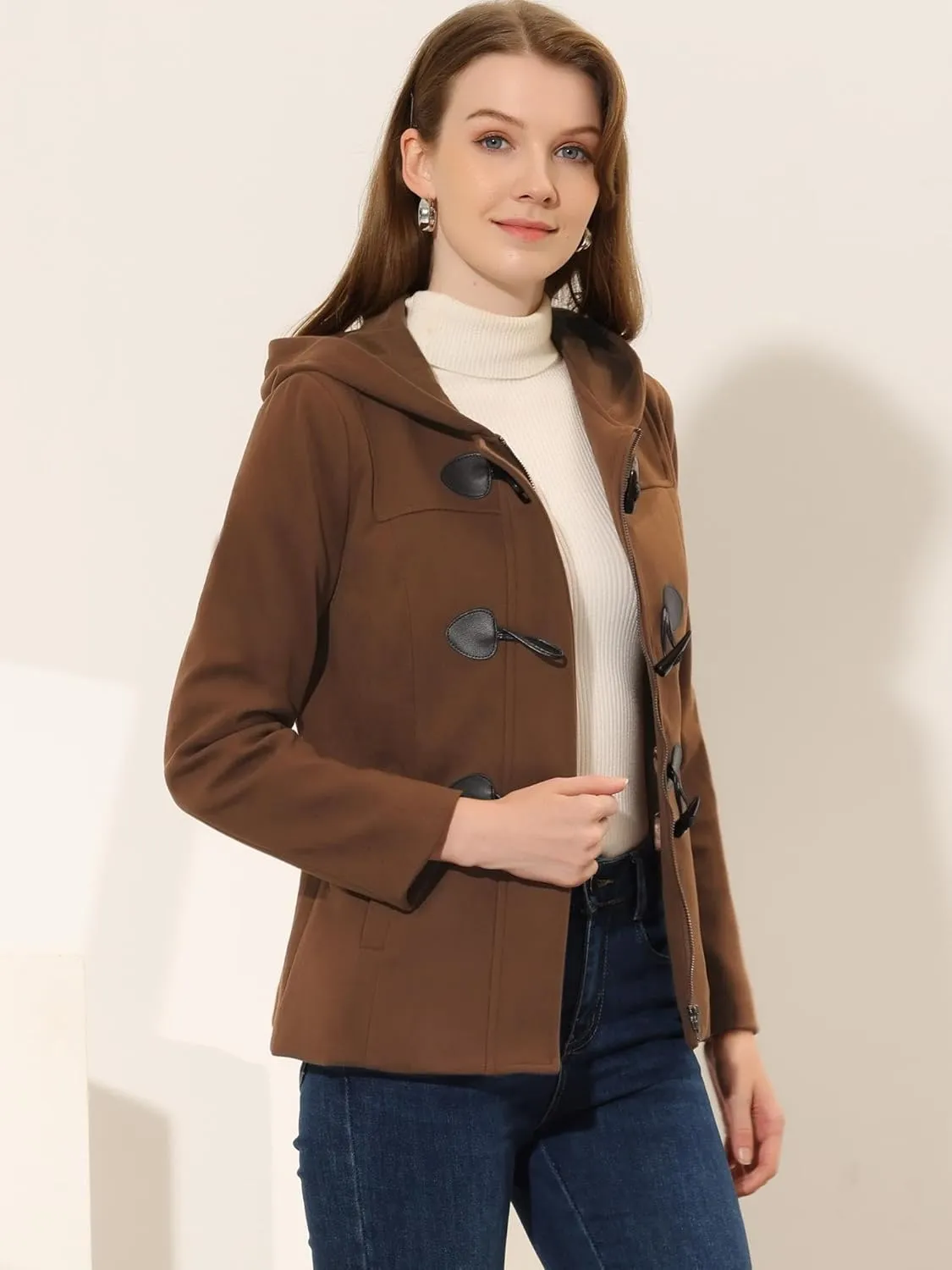 Allegra K Women's Casual Winter Outwear Hooded Button Peacoat Toggle Duffle Coat