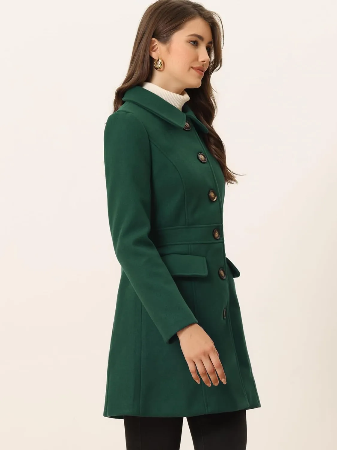 Allegra K Women's Winter Overcoat Peter Pan Collar Flap Pocket Single Breasted Coat