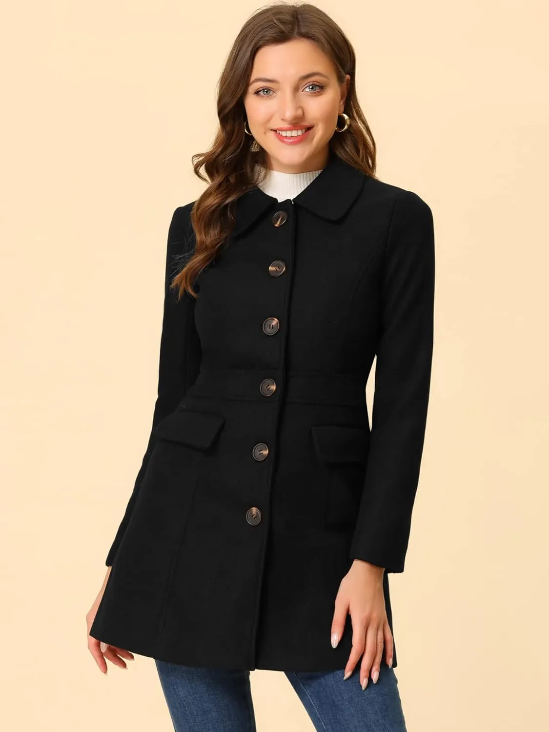 Allegra K Women's Winter Overcoat Peter Pan Collar Flap Pocket Single Breasted Coat