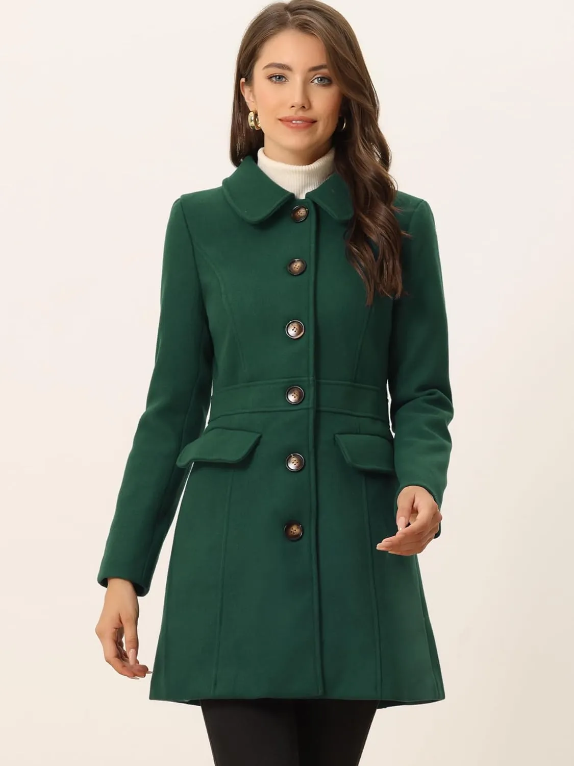 Allegra K Women's Winter Overcoat Peter Pan Collar Flap Pocket Single Breasted Coat