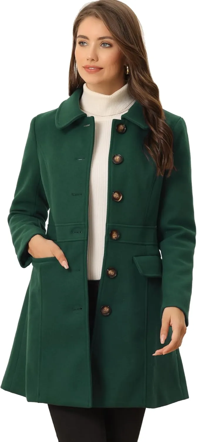Allegra K Women's Winter Overcoat Peter Pan Collar Flap Pocket Single Breasted Coat