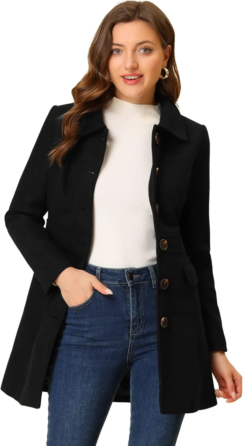 Allegra K Women's Winter Overcoat Peter Pan Collar Flap Pocket Single Breasted Coat
