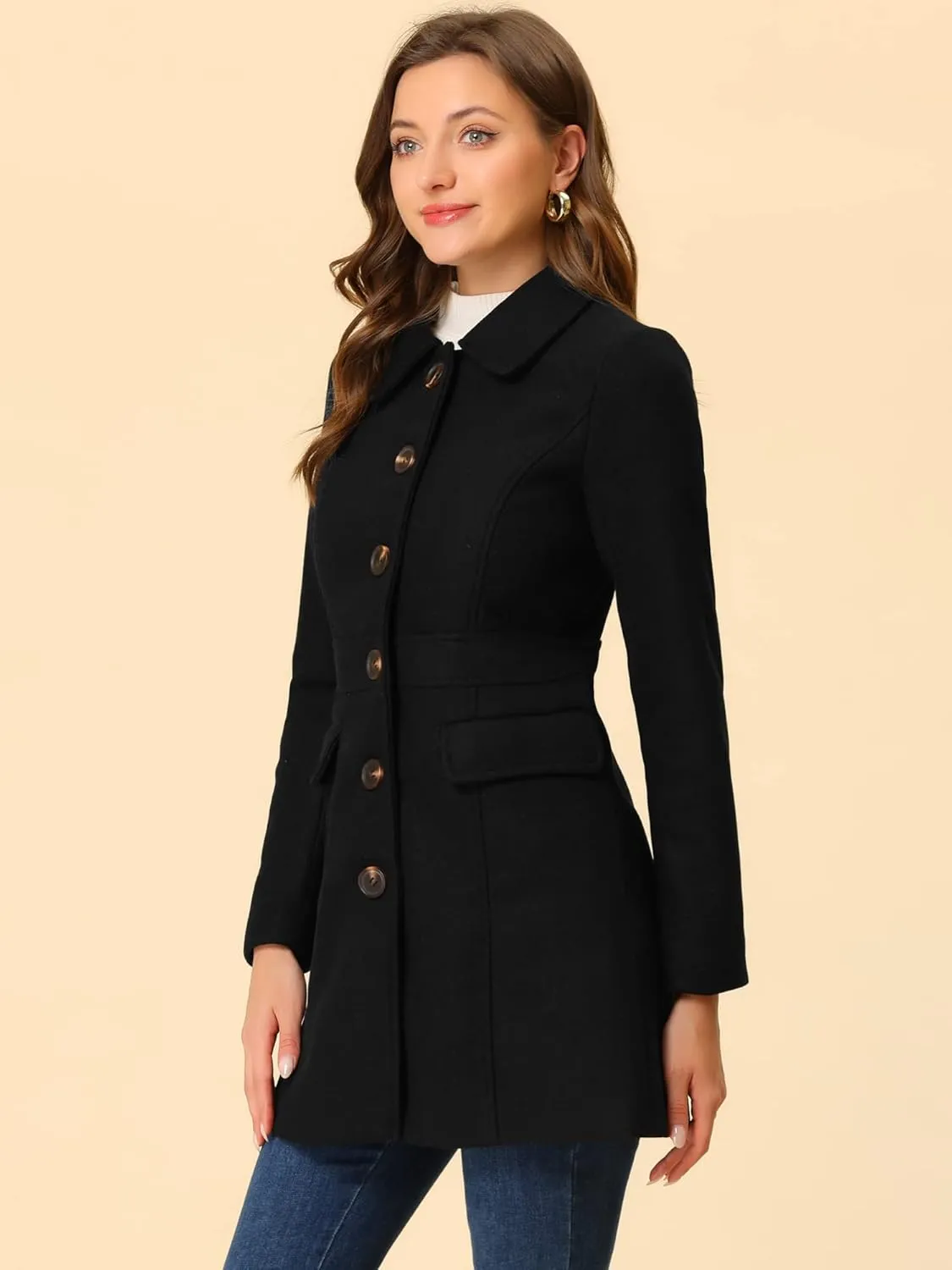 Allegra K Women's Winter Overcoat Peter Pan Collar Flap Pocket Single Breasted Coat