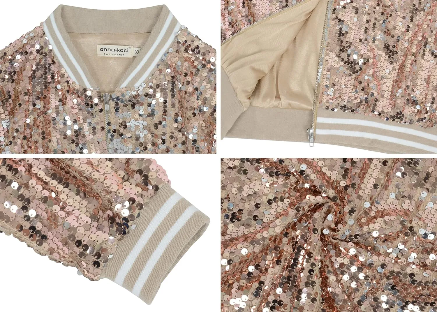Anna-Kaci Women's Plus Size Sparkly Jacket Long Sleeve Zip Up Sequin Bomber Jacket Coat