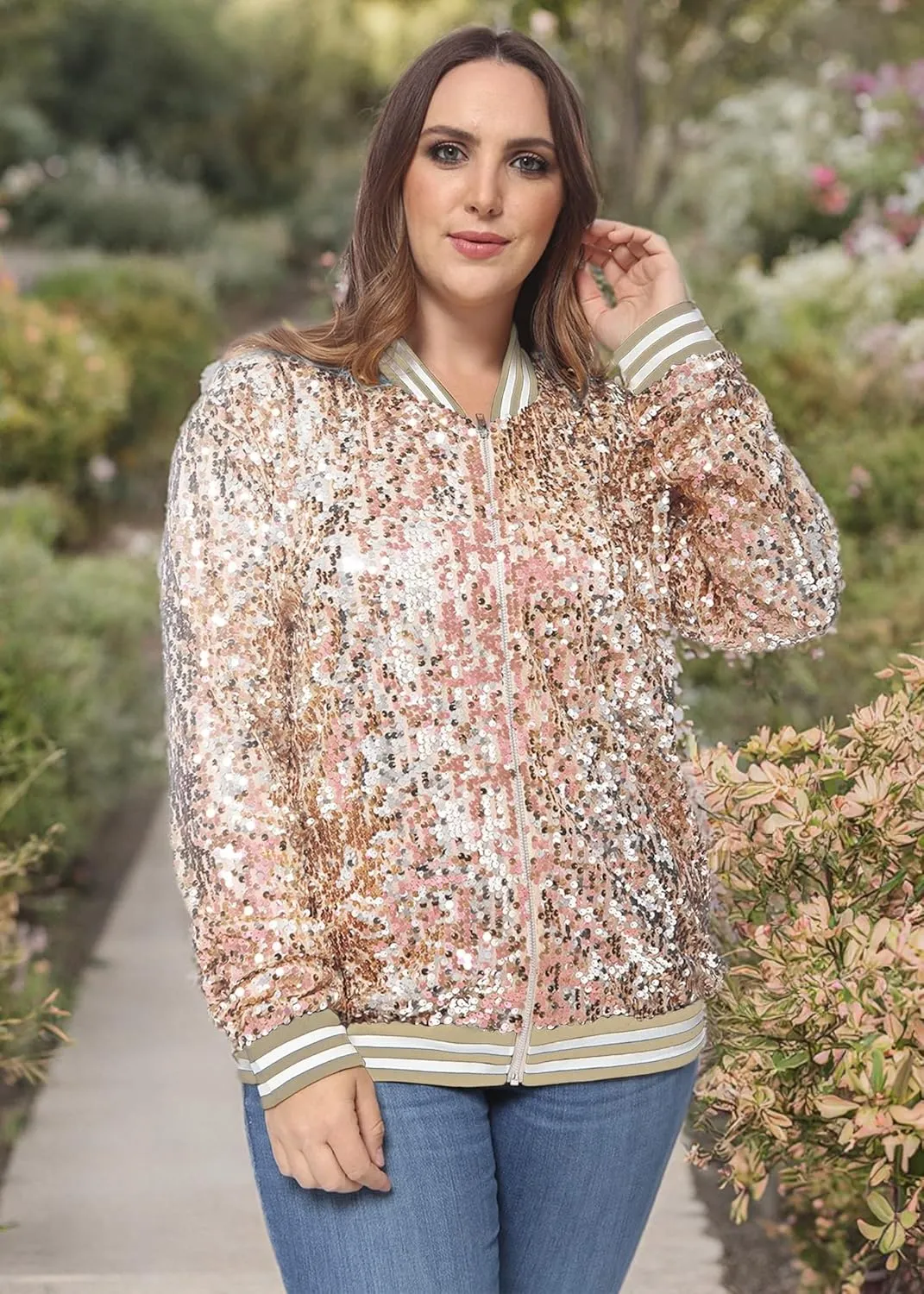 Anna-Kaci Women's Plus Size Sparkly Jacket Long Sleeve Zip Up Sequin Bomber Jacket Coat