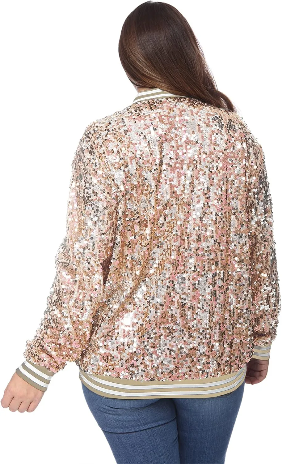Anna-Kaci Women's Plus Size Sparkly Jacket Long Sleeve Zip Up Sequin Bomber Jacket Coat