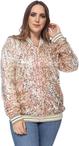 Anna-Kaci Women's Plus Size Sparkly Jacket Long Sleeve Zip Up Sequin Bomber Jacket Coat