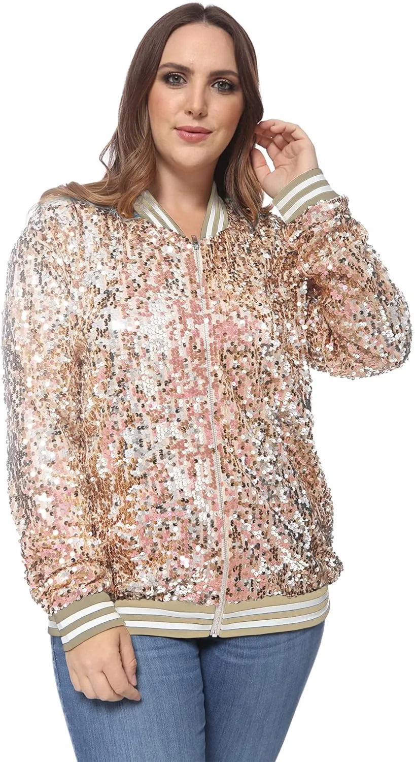 Anna-Kaci Women's Plus Size Sparkly Jacket Long Sleeve Zip Up Sequin Bomber Jacket Coat