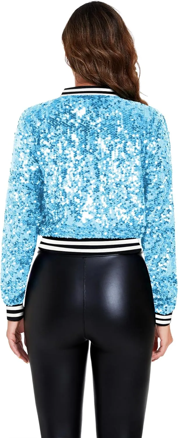 Anna-Kaci Women's Sparkly Sequin Cropped Jacket Long Sleeve Zipper Up Party Club Bomber Jacket