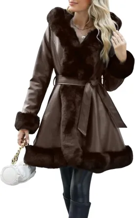 Bellivera Women's Wool Pea Coat Faux Fur Jacket Winter Warm Parka Overcoat with Belt