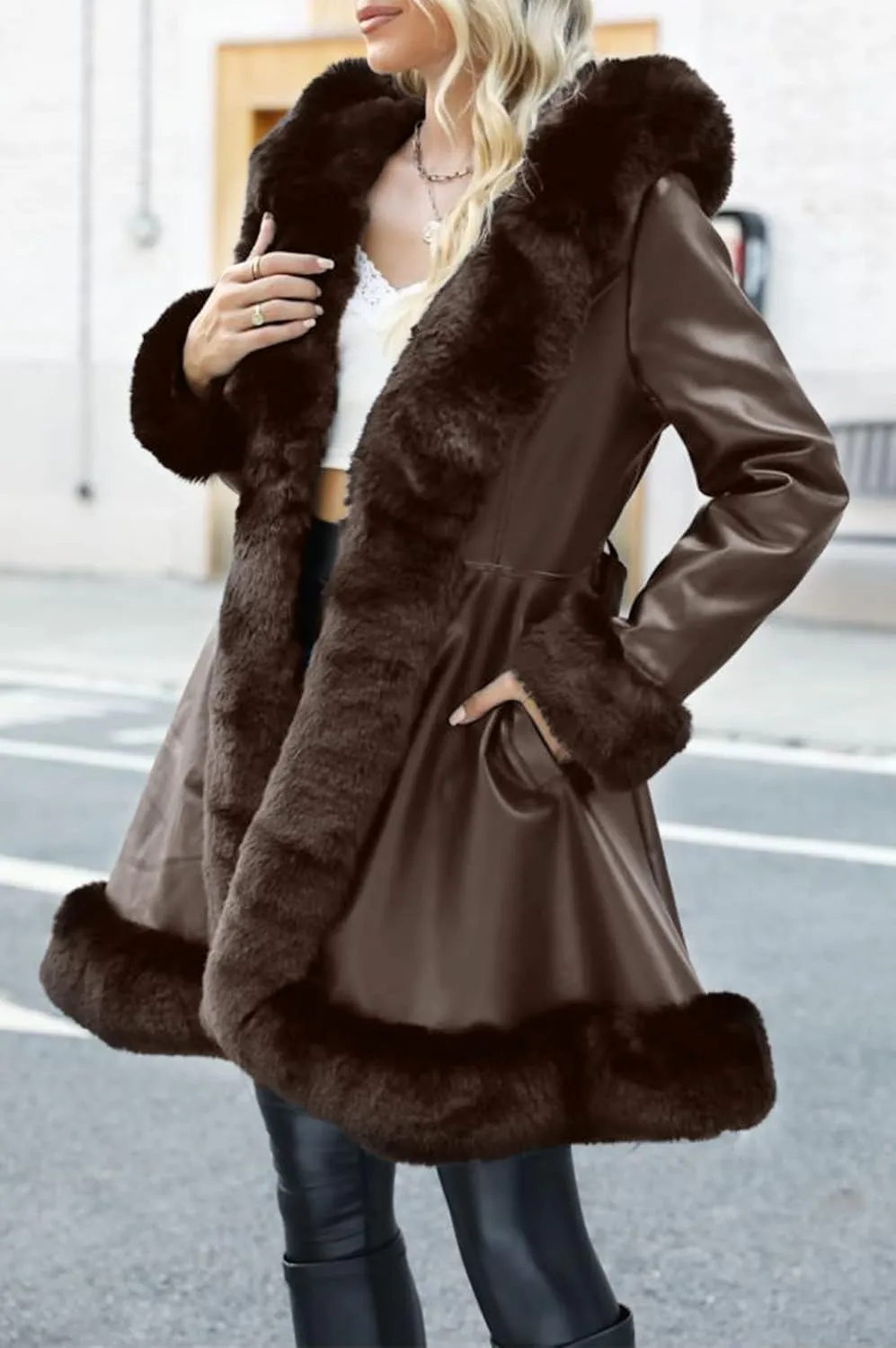Bellivera Women's Wool Pea Coat Faux Fur Jacket Winter Warm Parka Overcoat with Belt