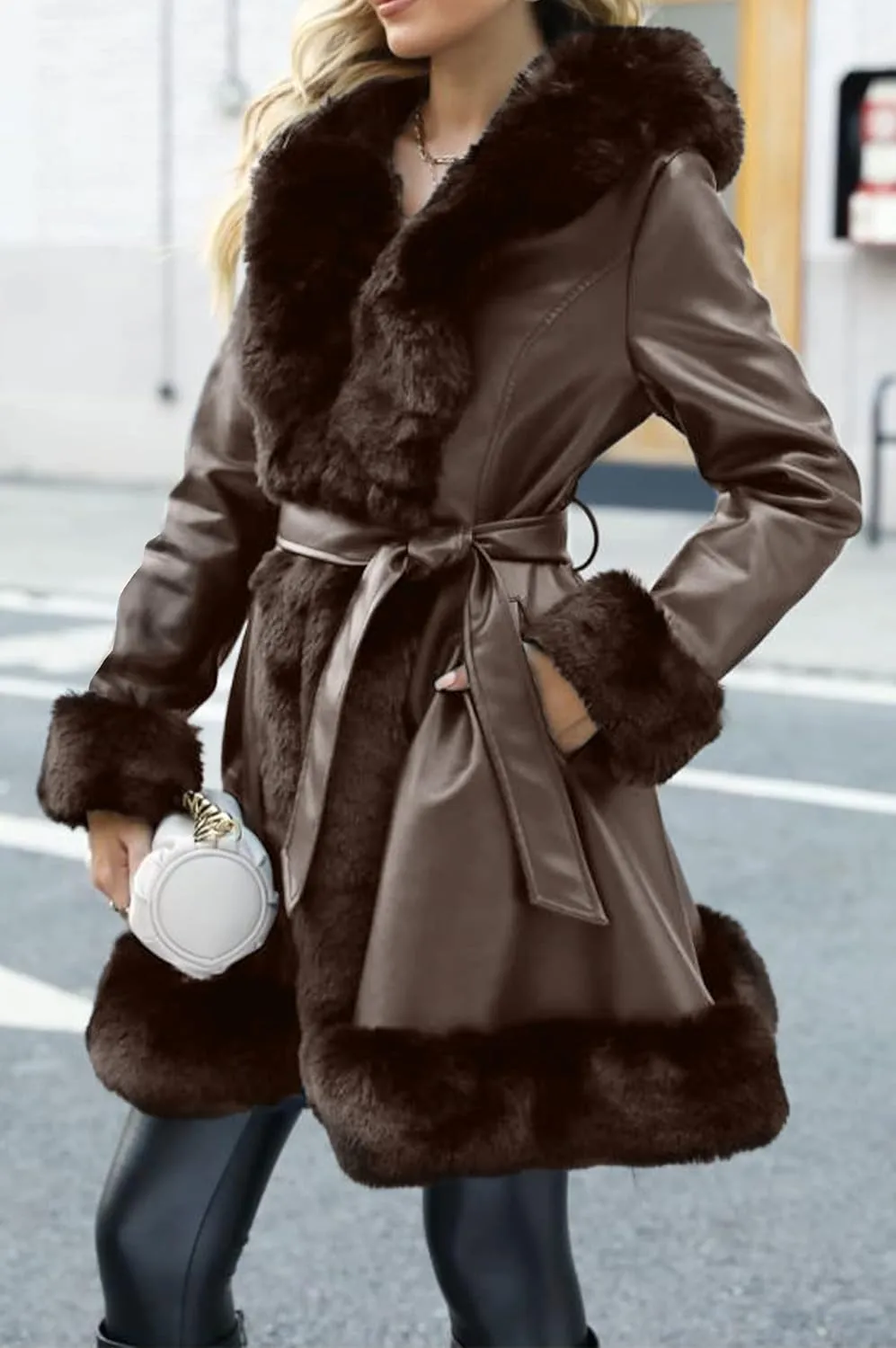 Bellivera Women's Wool Pea Coat Faux Fur Jacket Winter Warm Parka Overcoat with Belt