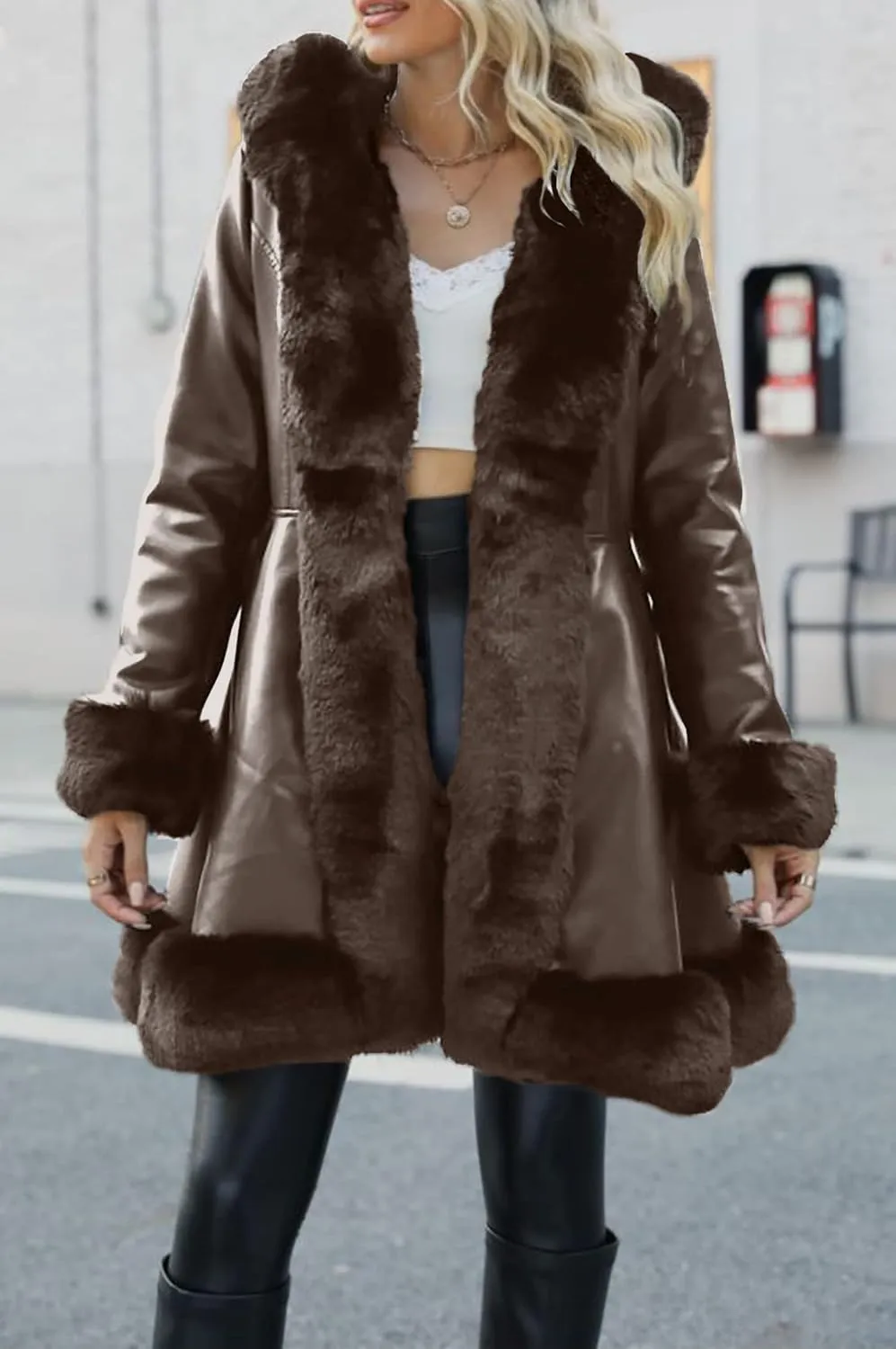 Bellivera Women's Wool Pea Coat Faux Fur Jacket Winter Warm Parka Overcoat with Belt