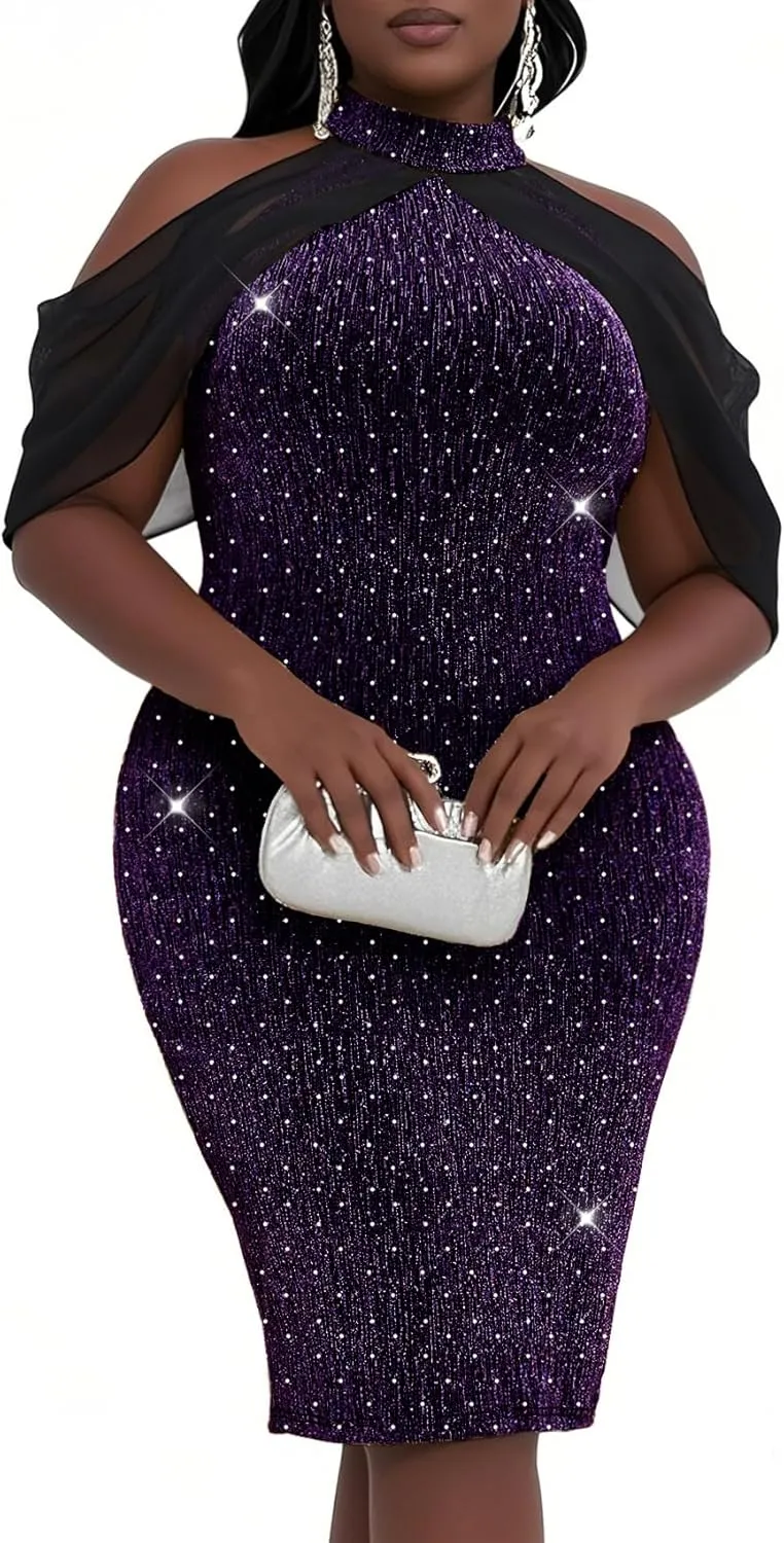 CYCLAMEN Plus Size Sparkly Dress Rhinestone Knee Length Formal Cocktail Glitter Halter Neck Cape Bodycon Night Out