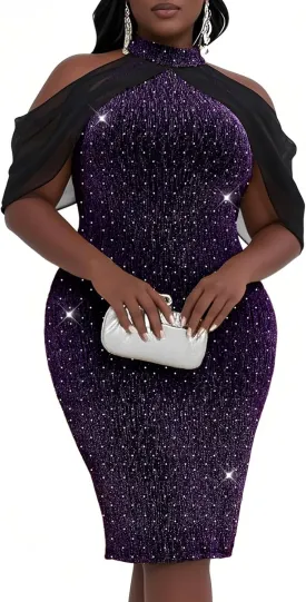 CYCLAMEN Plus Size Sparkly Dress Rhinestone Knee Length Formal Cocktail Glitter Halter Neck Cape Bodycon Night Out