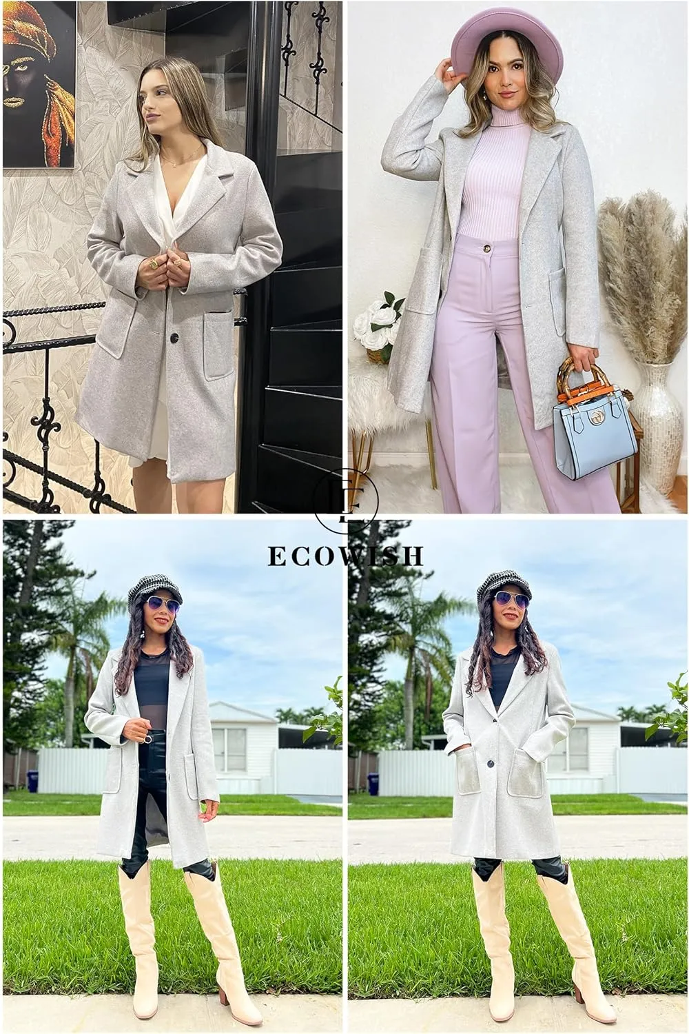 ECOWISH Women Coat Trench Jacket - Winter Long Sleeve Peacoat Fall Mid-Length Lapel Cardigan Overcoat with Pockets