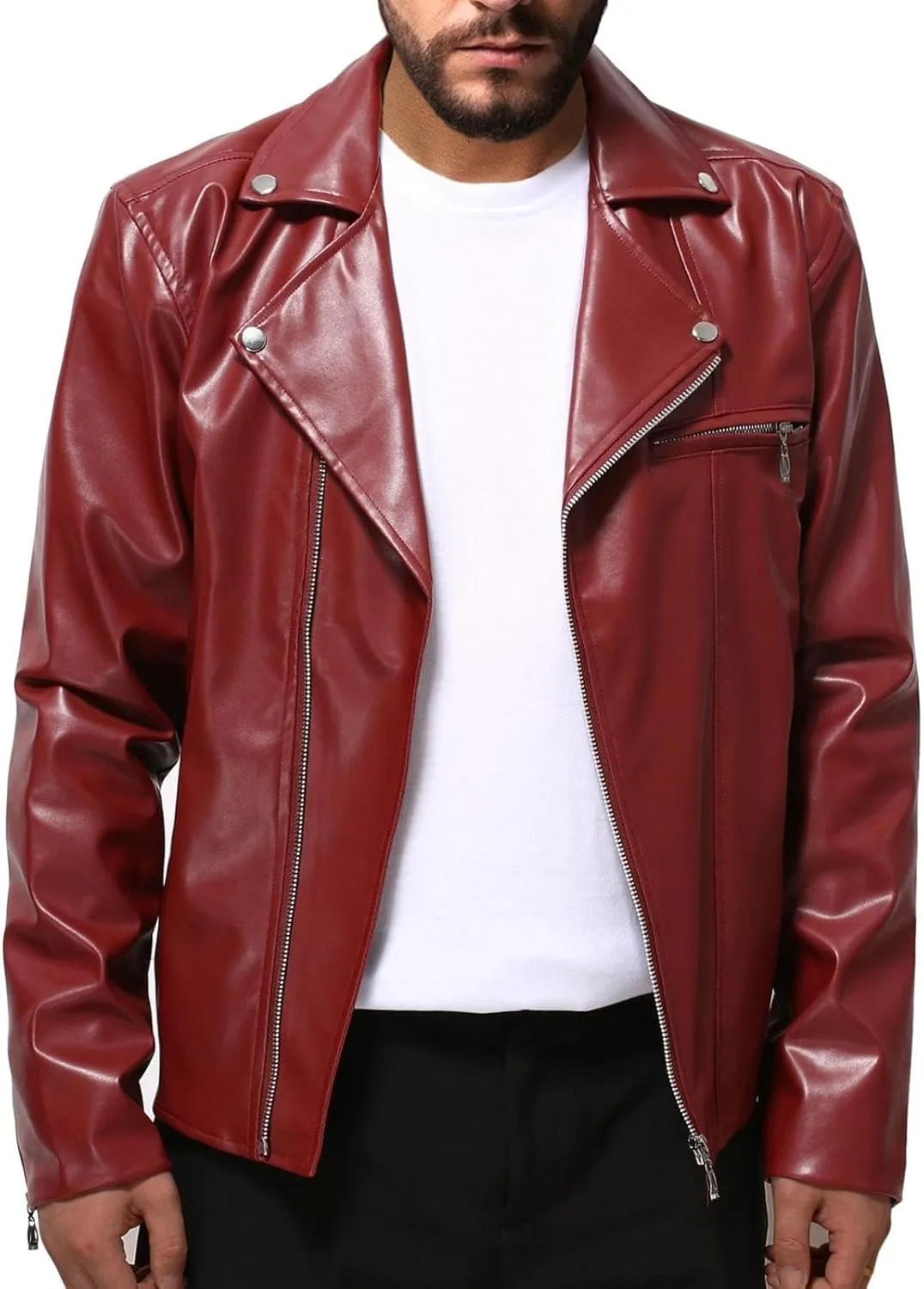 Fall Men Faux Leather Zip Up Jacket Stand Collar Leather Motorcycle Jacket Lightweight Bomber Outwear PU Coat with Pockets