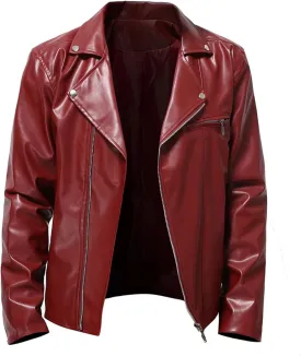 Fall Men Faux Leather Zip Up Jacket Stand Collar Leather Motorcycle Jacket Lightweight Bomber Outwear PU Coat with Pockets