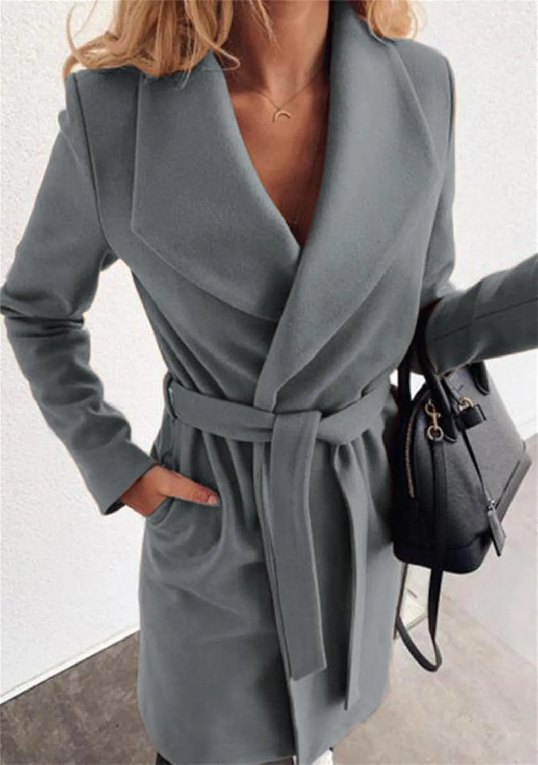 FLITAY Women's Shawl Collar Lapel Winter Belted Lightweight Coat Fashion Wrap Overcoat with Pockets
