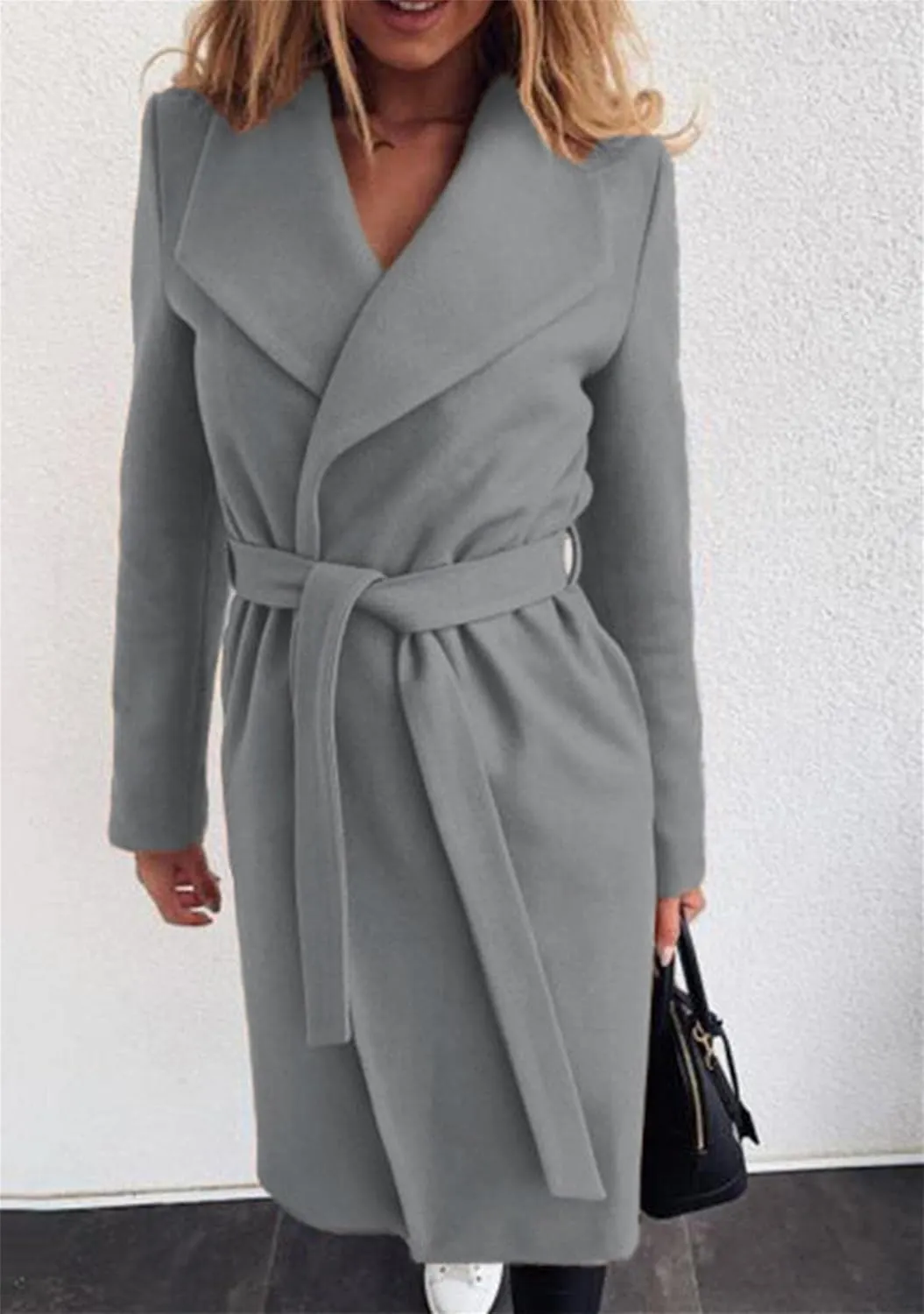 FLITAY Women's Shawl Collar Lapel Winter Belted Lightweight Coat Fashion Wrap Overcoat with Pockets