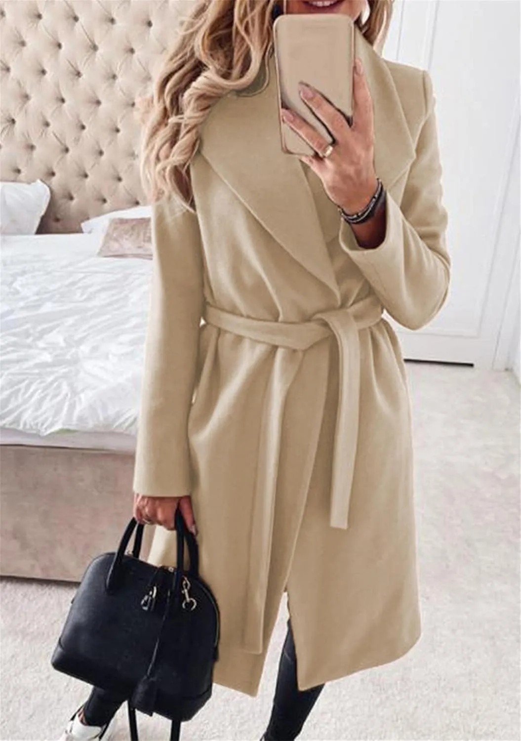 FLITAY Women's Shawl Collar Lapel Winter Belted Lightweight Coat Fashion Wrap Overcoat with Pockets