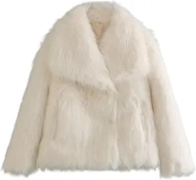 Gnveub Women's Faux Fur Jacket Oversized Lapel Fur Coat Winter Warm Fluffy Short Outerwear