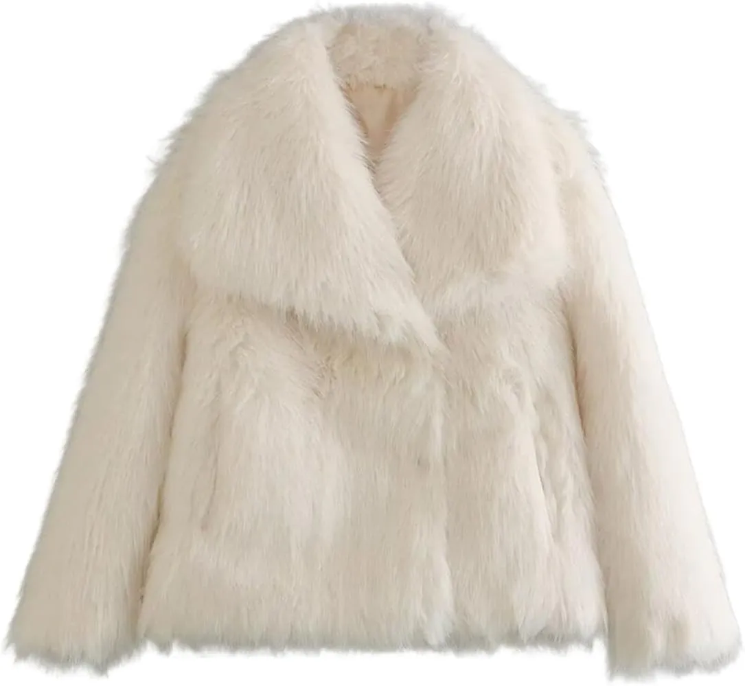 Gnveub Women's Faux Fur Jacket Oversized Lapel Fur Coat Winter Warm Fluffy Short Outerwear