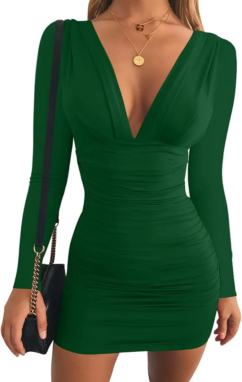GOBLES Women's Sexy Long Sleeve V Neck Ruched Bodycon Mini Party Cocktail Dress