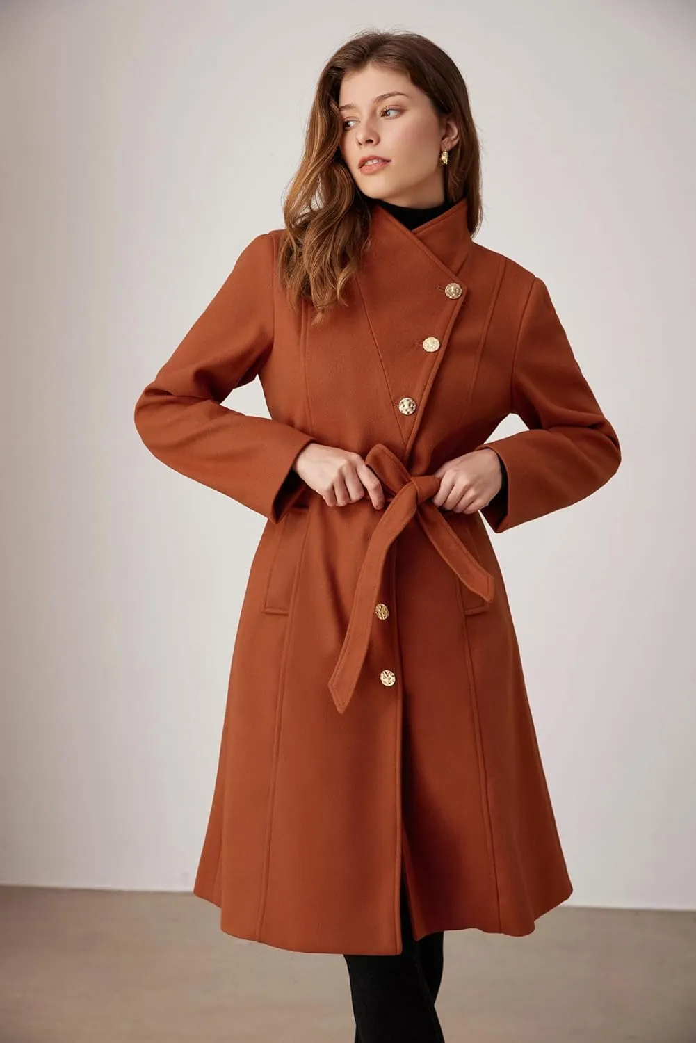 GRACE KARIN Womens Winter Coat 2024 Fall Casual Notch Lapel Single Breasted Belted Midi Peacoat with Pockets