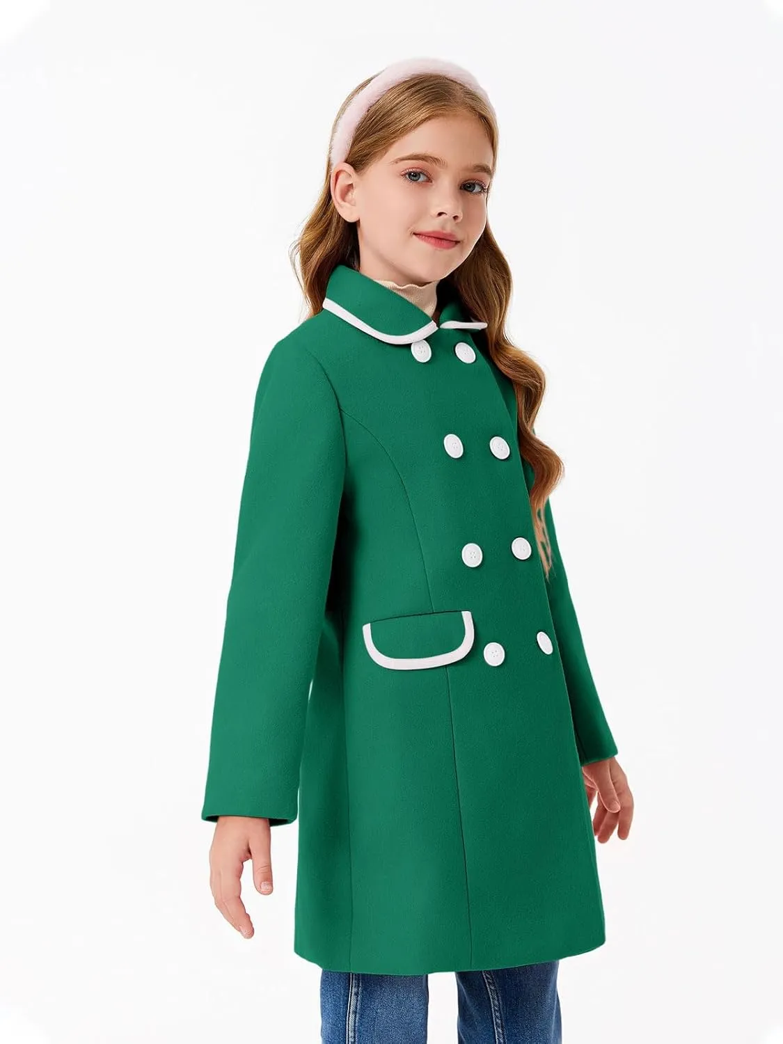 Haloumoning Girls Dress Coats Cute Long Sleeve Outwears Faux Wool Lapel Peacoat with Pockets 5-14 Years