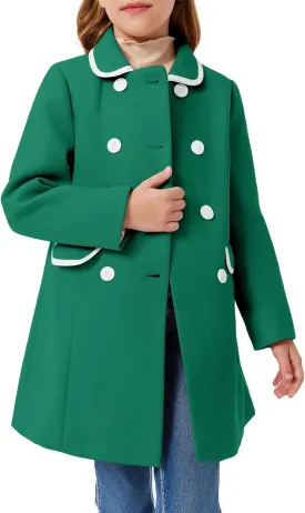 Haloumoning Girls Dress Coats Cute Long Sleeve Outwears Faux Wool Lapel Peacoat with Pockets 5-14 Years