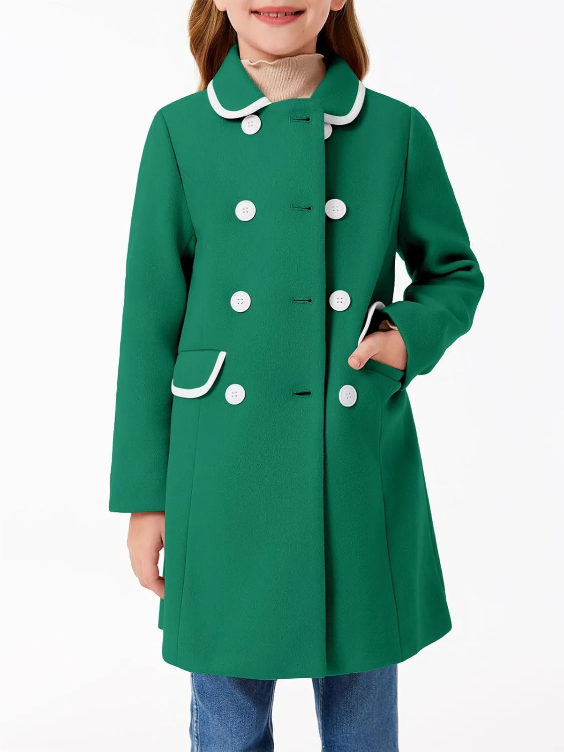 Haloumoning Girls Dress Coats Cute Long Sleeve Outwears Faux Wool Lapel Peacoat with Pockets 5-14 Years