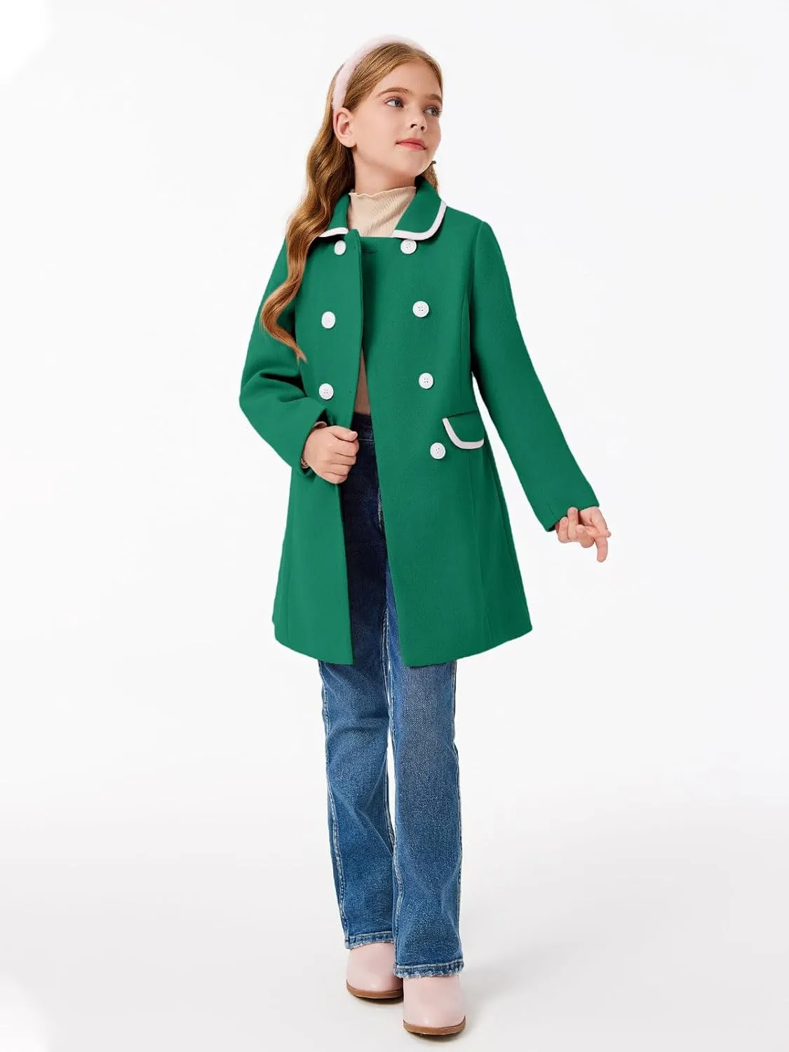 Haloumoning Girls Dress Coats Cute Long Sleeve Outwears Faux Wool Lapel Peacoat with Pockets 5-14 Years