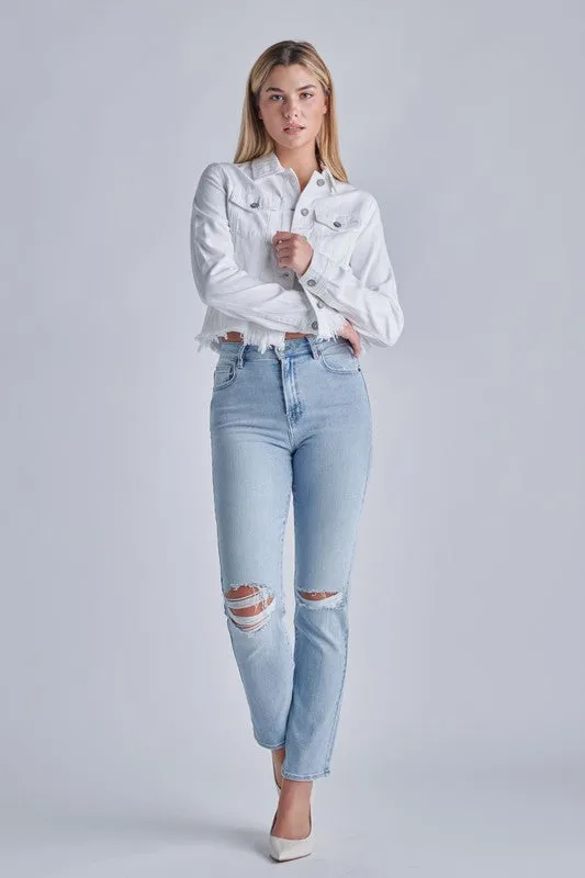 HIDDEN White Fitted Cropped Frayed Jacket
