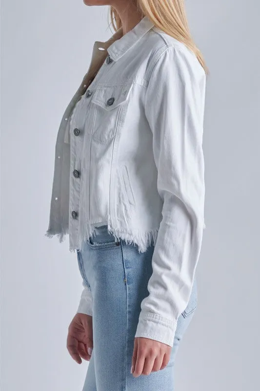 HIDDEN White Fitted Cropped Frayed Jacket