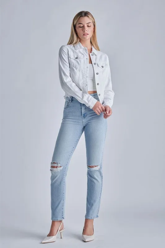 HIDDEN White Fitted Cropped Frayed Jacket
