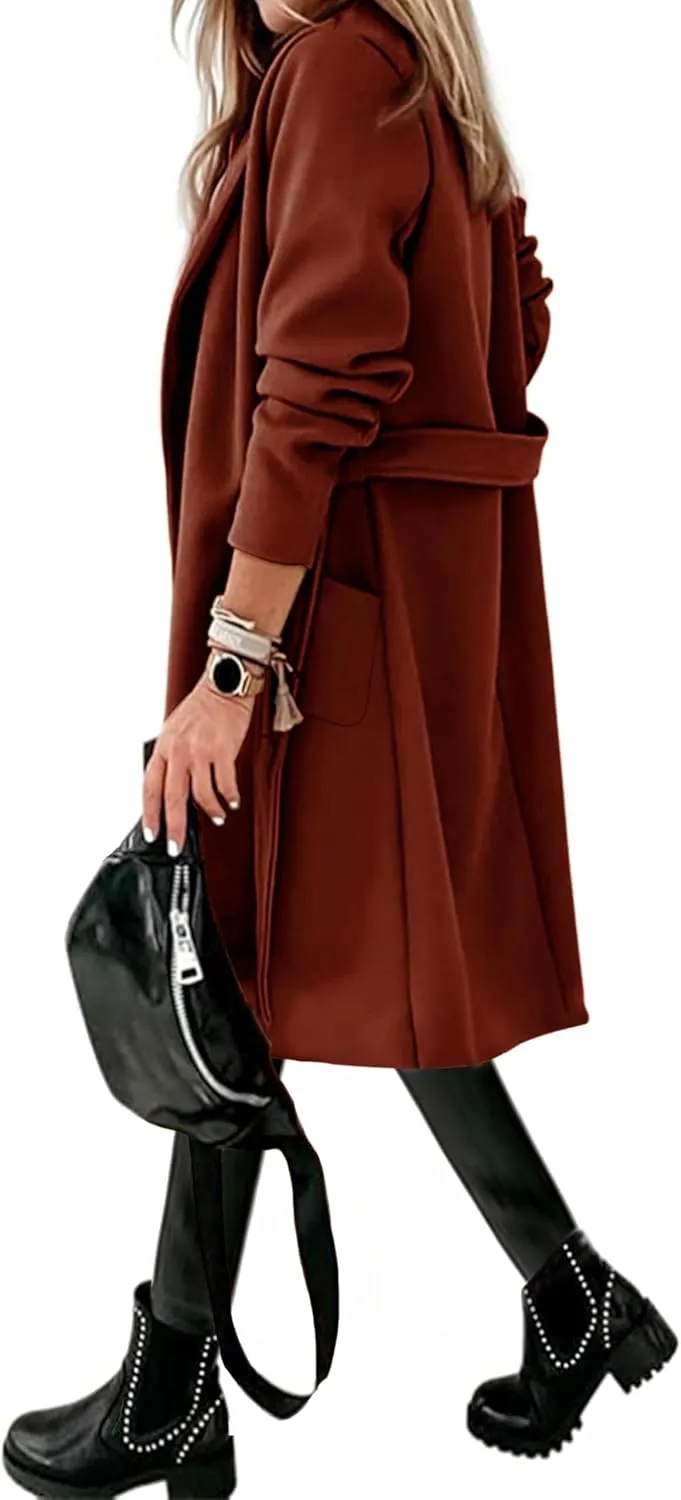 Hooever Women's Double Breasted Wool Blend Coat Winter Notched Lapel Belted Peacoat Mid Long Jacket