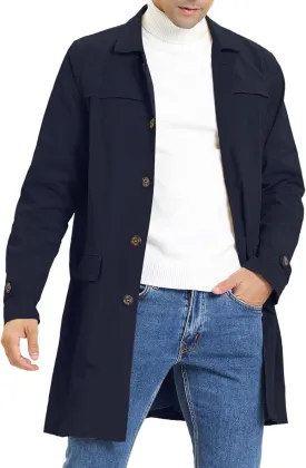 Lars Amadeus Men's Trench Coat Single Breasted Button Down Jacket Long Overcoat