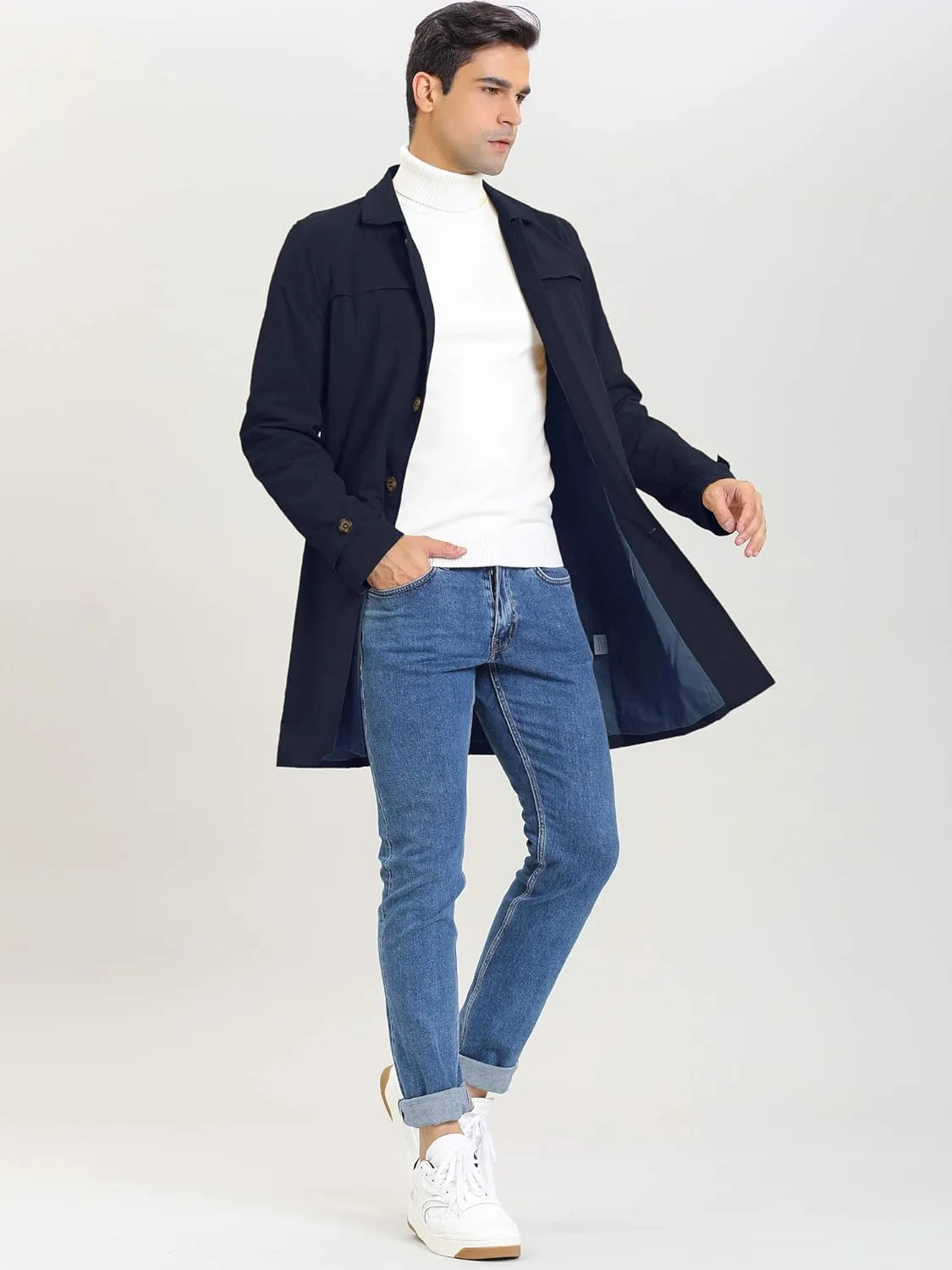 Lars Amadeus Men's Trench Coat Single Breasted Button Down Jacket Long Overcoat