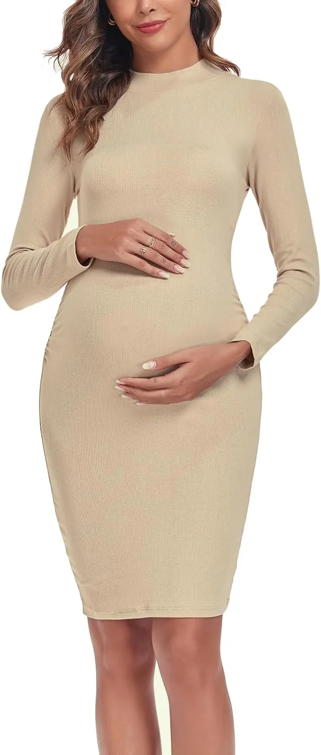 Liu & Qu Women's Maternity Knit Ribbed Dress Long Sleeve Bodycon Dress Daily Wearing Baby Shower