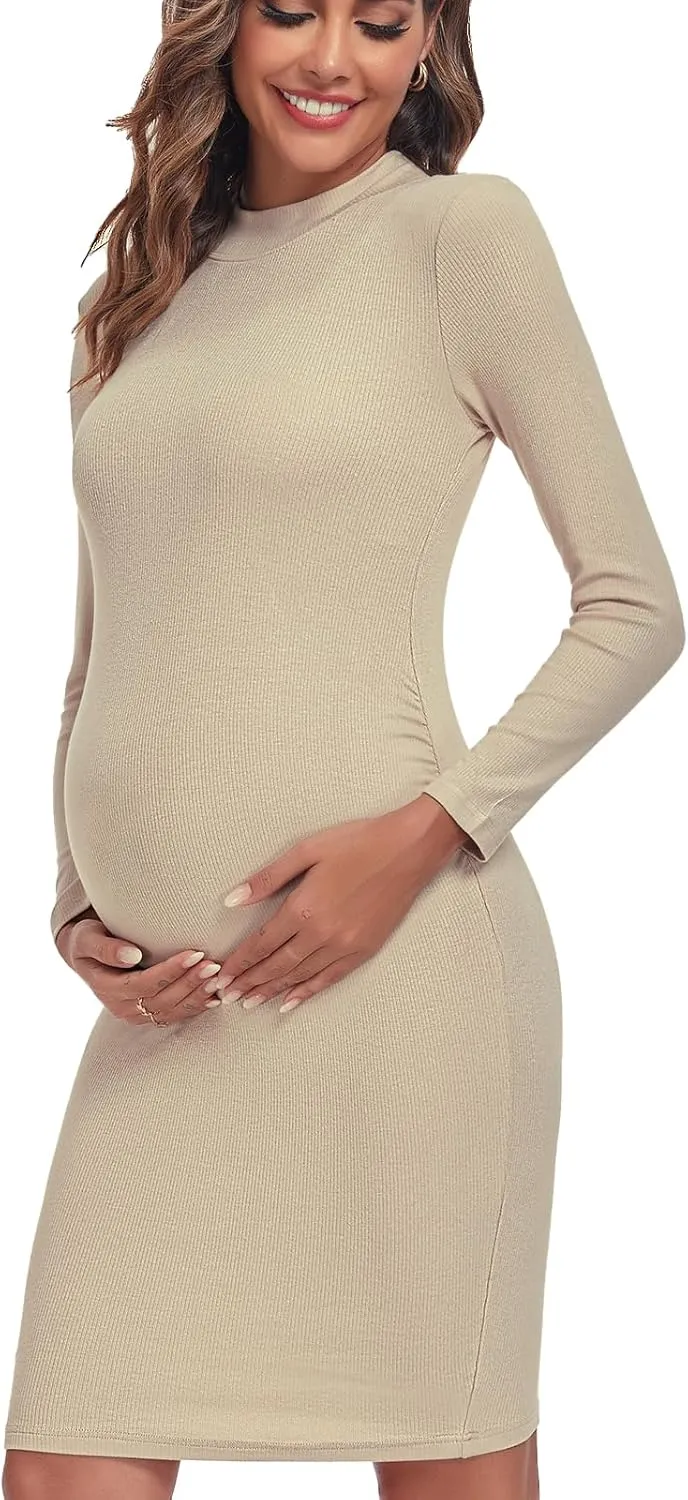 Liu & Qu Women's Maternity Knit Ribbed Dress Long Sleeve Bodycon Dress Daily Wearing Baby Shower