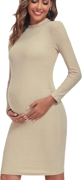 Liu & Qu Women's Maternity Knit Ribbed Dress Long Sleeve Bodycon Dress Daily Wearing Baby Shower