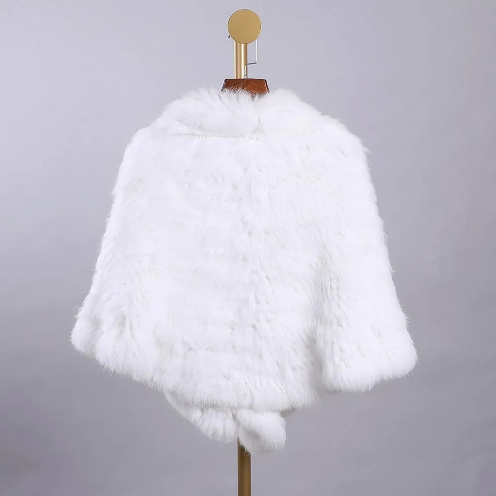 Luxury Women's Winter Real Natural Rabbit Fur Hand Knitted Cape Ruffle Design Wedding Party Shawl Lady Poncho