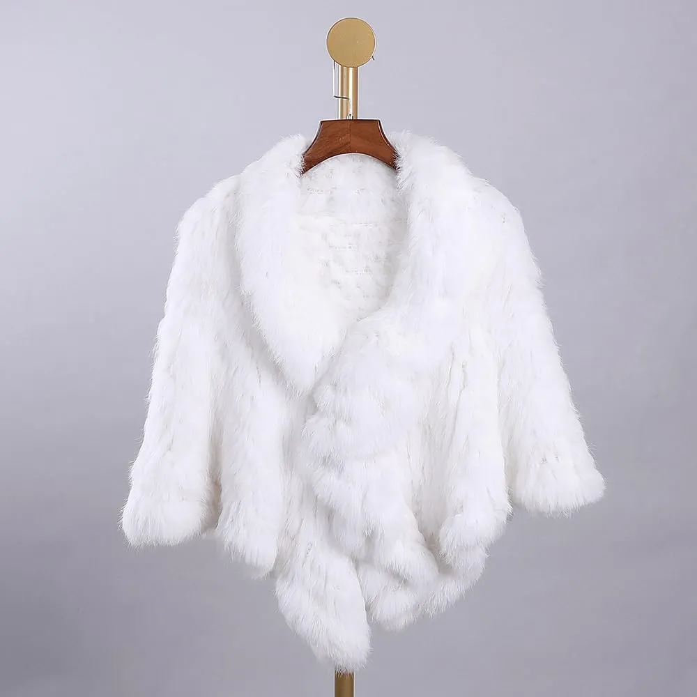 Luxury Women's Winter Real Natural Rabbit Fur Hand Knitted Cape Ruffle Design Wedding Party Shawl Lady Poncho
