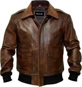 Mens A2 Bomber Leather Jacket - WW2 Air Force Pilot Military Brown Leather Bomber Jacket Men